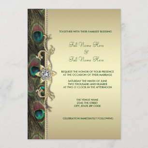 Emerald Green en Gold Peacock Wedding Kaart