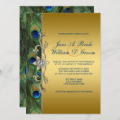 Emerald Green en Gold Peacock Wedding Kaart (Voorkant / Achterkant)