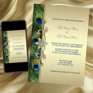 Emerald Green en Gold Peacock Wedding Kaart