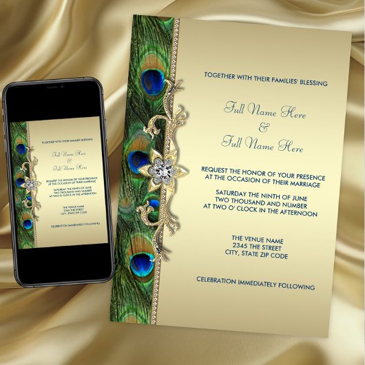 Emerald Green en Gold Peacock Wedding Kaart