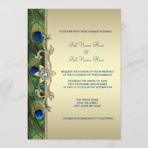 Emerald Green en Gold Peacock Wedding Kaart