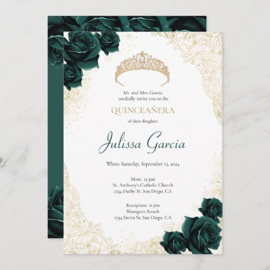 Emerald Green en Gold Quinceanera Uitnodiging (Voorkant / Achterkant)