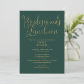 Emerald Green en Gold Script Bridesmaids Luncheon Kaart (Staand voorkant)