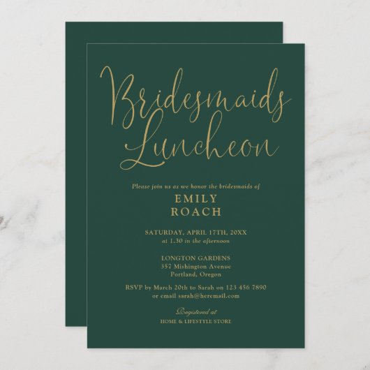 Emerald Green en Gold Script Bridesmaids Luncheon Kaart (Voorkant / Achterkant)