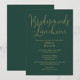 Emerald Green en Gold Script Bridesmaids Luncheon Kaart