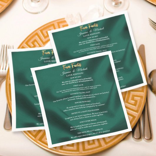 Emerald Green en Gold Script Wedding Fun Facts Servet