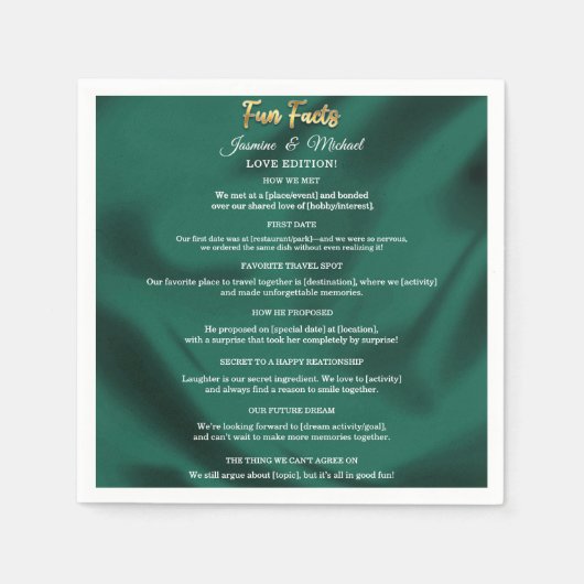 Emerald Green en Gold Script Wedding Fun Facts Servet (Voorkant)