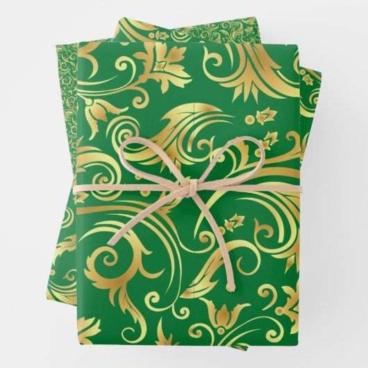 Emerald Green en Gold Scrollwork Inpakpapier Vel (In situ)