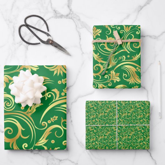 Emerald Green en Gold Scrollwork Inpakpapier Vel (Voorkant)