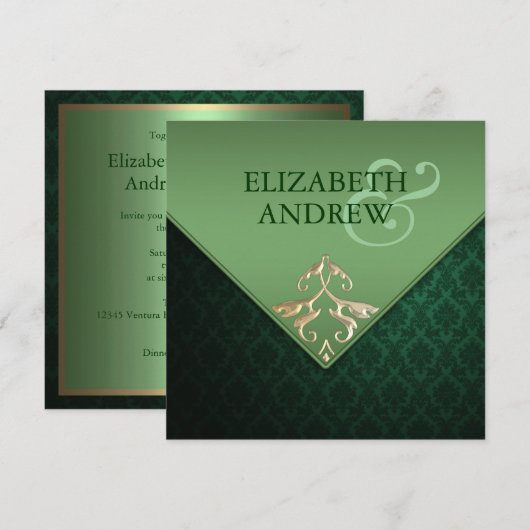 Emerald Green en Gold Square Wedding Invitation Kaart (Voorkant / Achterkant)