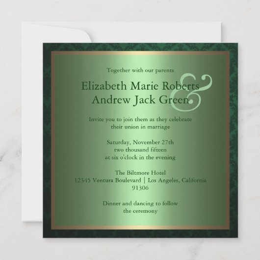 Emerald Green en Gold Square Wedding Invitation Kaart (Achterkant)