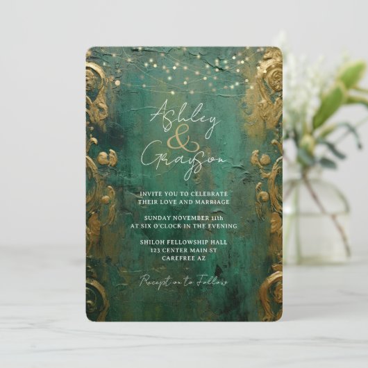 Emerald Green en Gold Wedding Kaart (Staand voorkant)