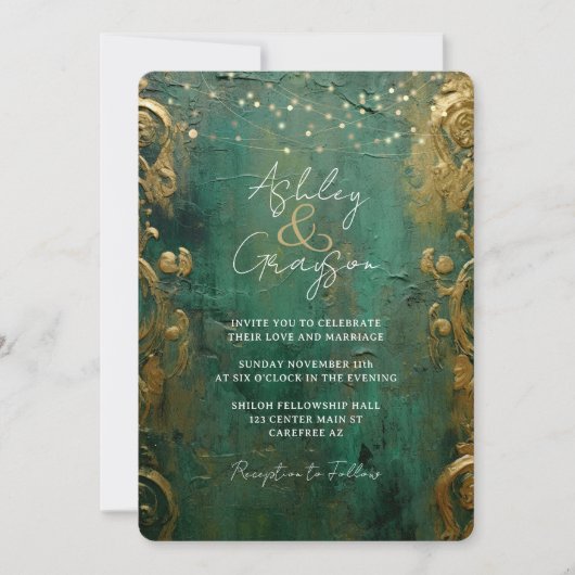 Emerald Green en Gold Wedding Kaart (Voorkant)