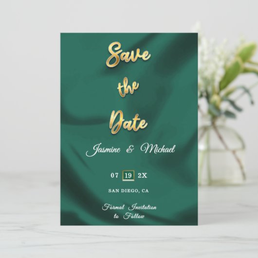 Emerald Green en Gold Wedding Minimalist Elegant Save The Date (Staand voorkant)