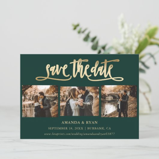 Emerald Green en Gold Wedding Photo Save the Date (Staand voorkant)