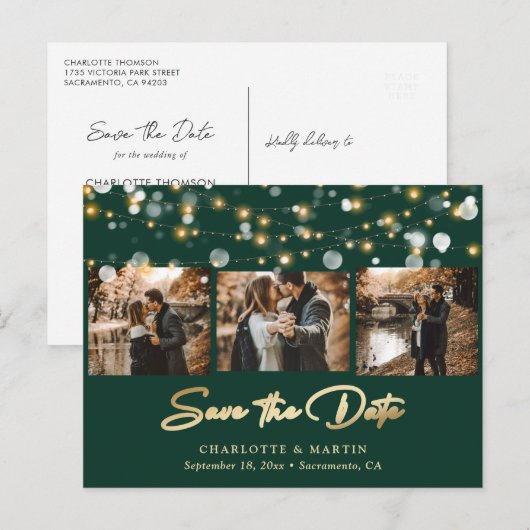 Emerald Green en Gold Wedding Photo Save the Date Aankondigingskaart (Voorkant / Achterkant)