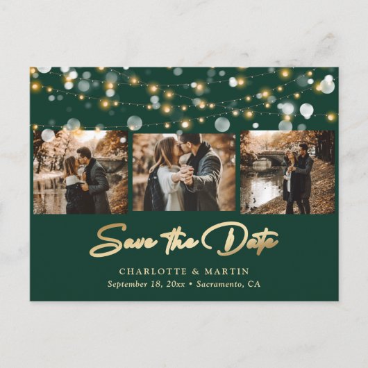 Emerald Green en Gold Wedding Photo Save the Date Aankondigingskaart (Voorkant)