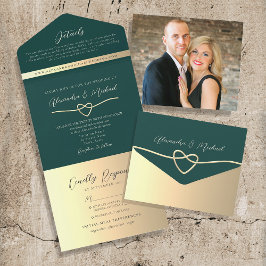 Emerald Green en Gold Wedding QR-code All In One Uitnodiging