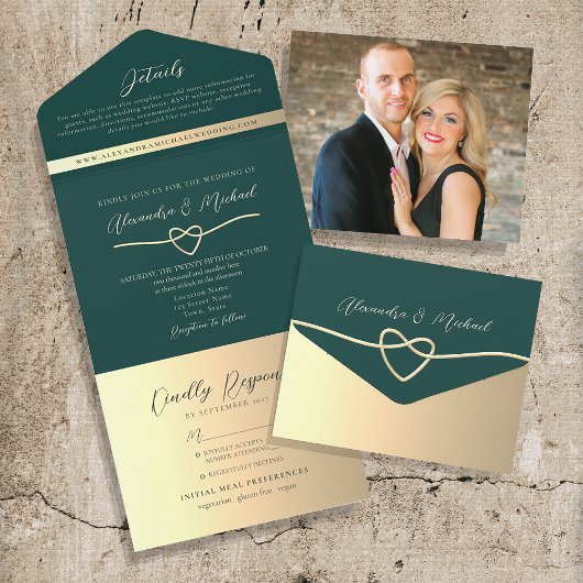 Emerald Green en Gold Wedding QR-code All In One Uitnodiging