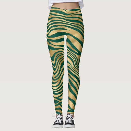 Emerald Green en Gold Zebra/tijgergestreept smeden Leggings (Voorkant)