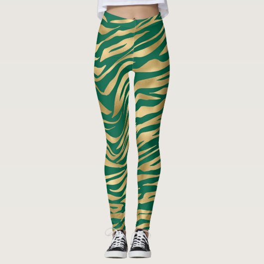 Emerald Green en Gold Zebra/tijgergestreept smeden Leggings (Voorkant)