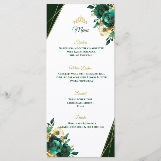Emerald Green en Goud Quinceñera Tafelmenu Menu (Voorkant)