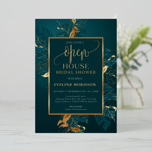 Emerald green en real gold folie open house folie uitnodiging (Staand Voorkant)