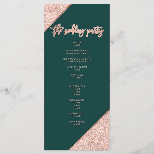 Emerald Green en Roos Gold Glitter Wedding Programmakaart (Achterkant)