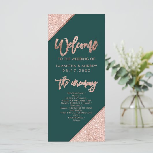 Emerald Green en Roos Gold Glitter Wedding Programmakaart (Staand voorkant)