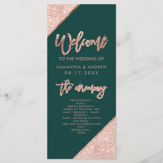 Emerald Green en Roos Gold Glitter Wedding Programmakaart (Voorkant)