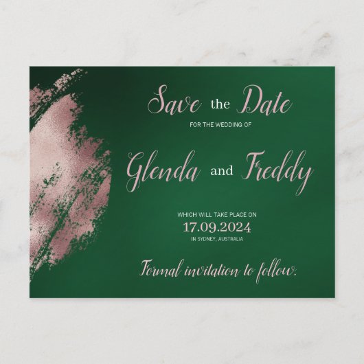 Emerald Green en Roos Gold Save the Date Kaart (Voorkant)