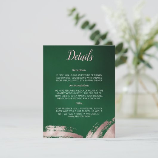 Emerald Green en Roos Gold Wedding Details Kaart (Staand voorkant)