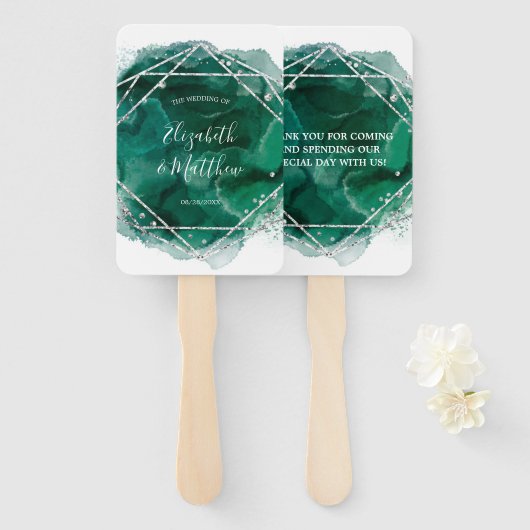 Emerald Green en Silver Geometric Glitter Wedding Handwaaier (Voorkant en achterkant)