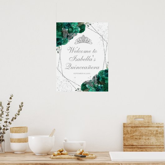 Emerald Green en Silver Tiara Quinceanera Poster (Keuken)
