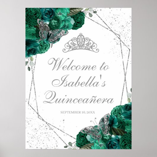 Emerald Green en Silver Tiara Quinceanera Poster (Voorkant)