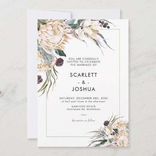 Emerald Green en White Protea Wedding Invitation Kaart (Voorkant)