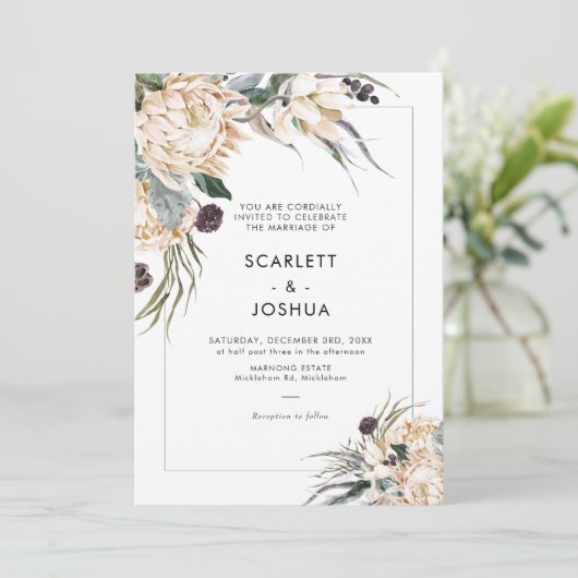 Emerald Green en White Protea Wedding Invitation Kaart (Staand voorkant)
