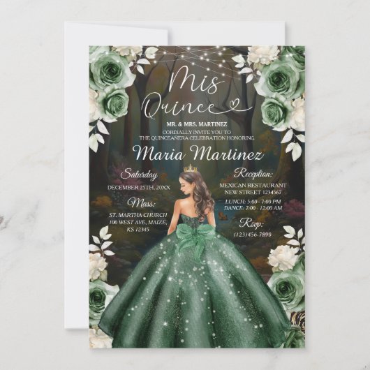 Emerald Green Enchanted Forest Princess Mis Quince Kaart (Voorkant)