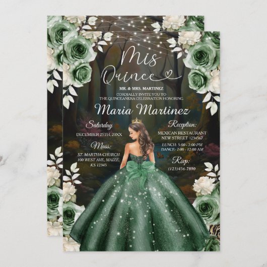 Emerald Green Enchanted Forest Princess Mis Quince Kaart (Voorkant / Achterkant)