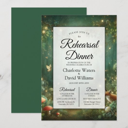 Emerald Green Enchanted Forest Rehearsal Dinner Kaart (Voorkant / Achterkant)