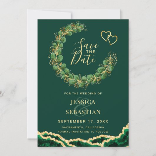 Emerald Green Eucalyptus Agate Foto Elegant Save The Date (Voorkant)