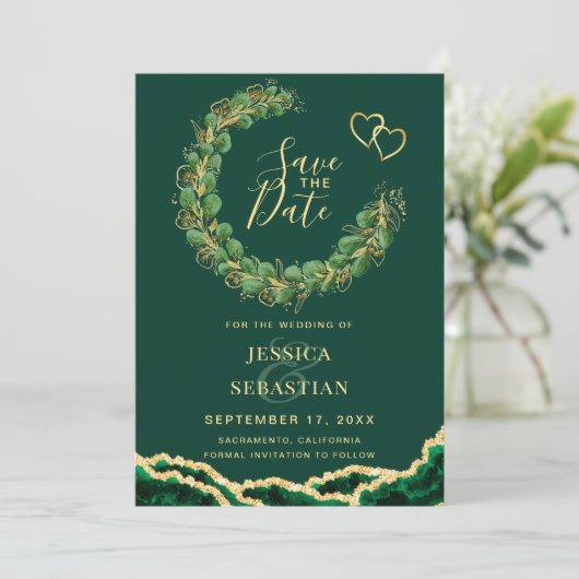 Emerald Green Eucalyptus Agate Foto Elegant Save The Date (Staand voorkant)