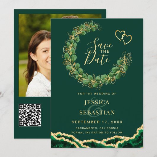 Emerald Green Eucalyptus Agate Foto Elegant Save The Date (Voorkant / Achterkant)
