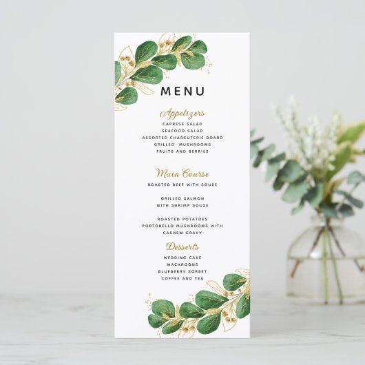Emerald Green Eucalyptus Greenery Elegant Wedding Menu (Staand voorkant)