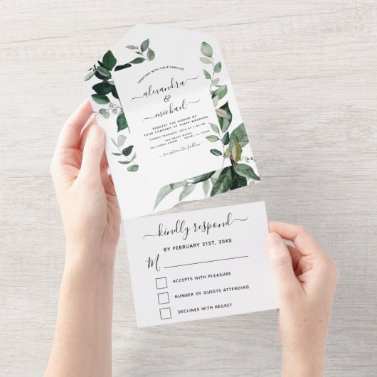 Emerald Green Eucalyptus Greenery Wedding RSVP All In One Uitnodiging (Afscheurbaar)