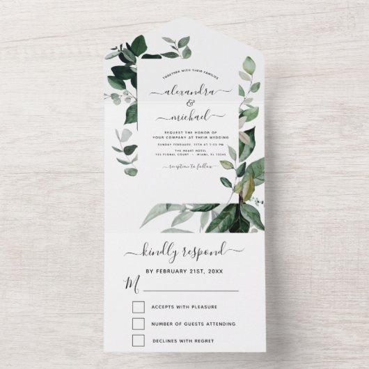 Emerald Green Eucalyptus Greenery Wedding RSVP All In One Uitnodiging (Binnen)
