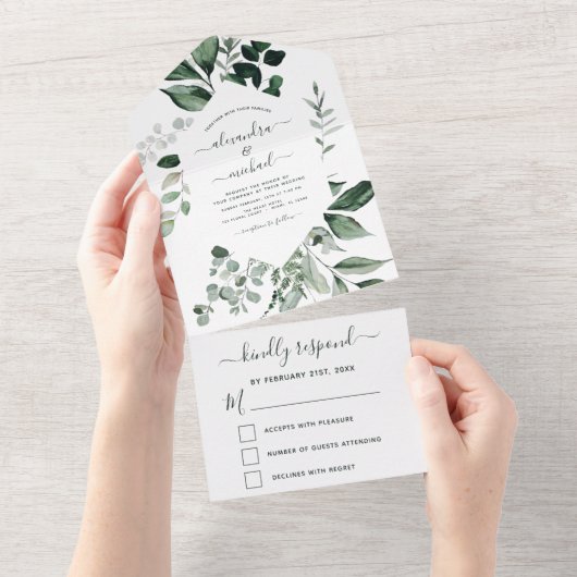 Emerald Green Eucalyptus Greenery Wedding RSVP All In One Uitnodiging (Afscheurbaar)