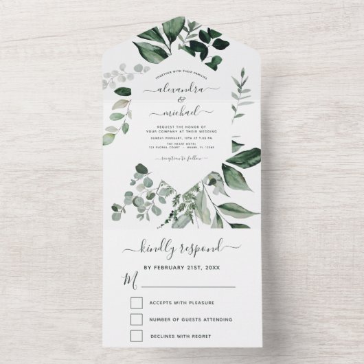Emerald Green Eucalyptus Greenery Wedding RSVP All In One Uitnodiging (Binnen)
