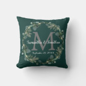 Emerald Green Eucalyptus Monogram Weddenschap Kussen (Voorkant)
