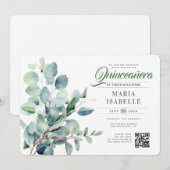 Emerald Green Eucalyptus Sage QR-code Quinceañera Kaart (Voorkant / Achterkant)